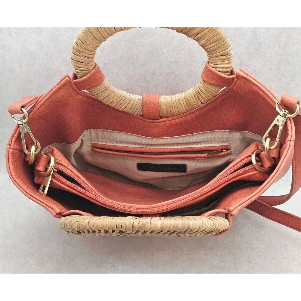 Anthropologie Coral W/Rattan Handles & Crossbody Strap Handbag + Removable Pouch